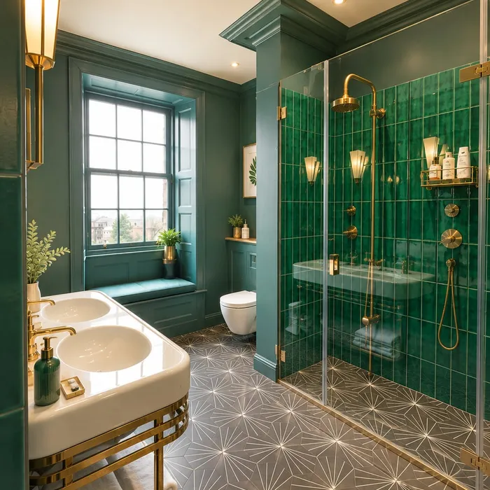 Green tiled bathroom repaint with brass fittings, Edinburgh