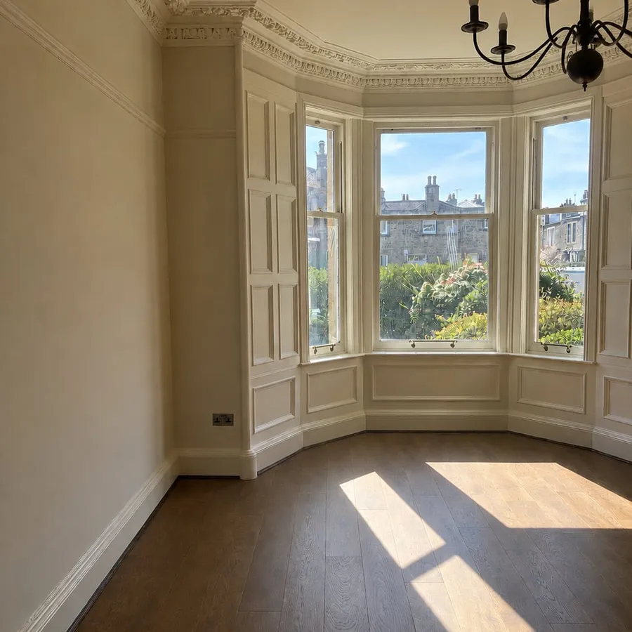 Repainted bay window room with dark wood flooring, Edinburgh