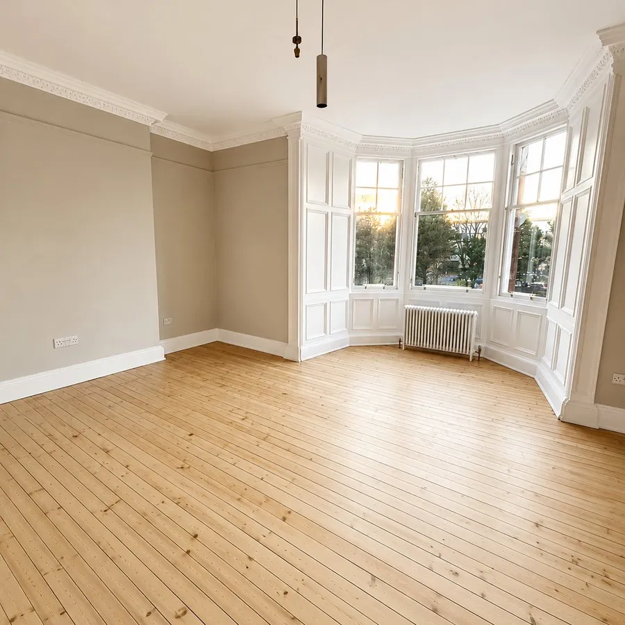 Repainted period room with bay window and light wood flooring, Inverleith, Edinburgh
