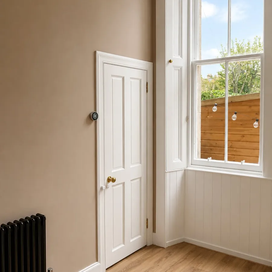 Repainted room with panelled door and sash window, Edinburgh