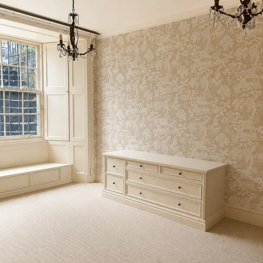 Bedroom feature wallpaper hanging with chandelier, Edinburgh