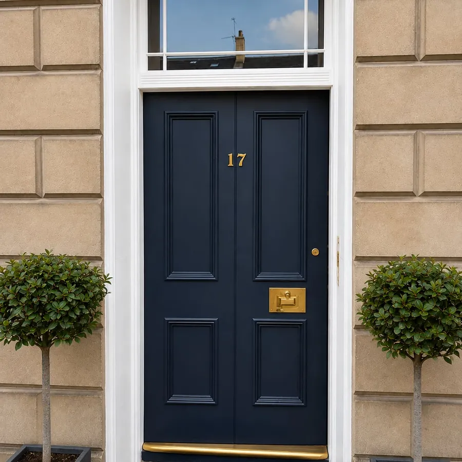 Freshly painted navy front door on a Georgian townhouse, Great King Street, New Town