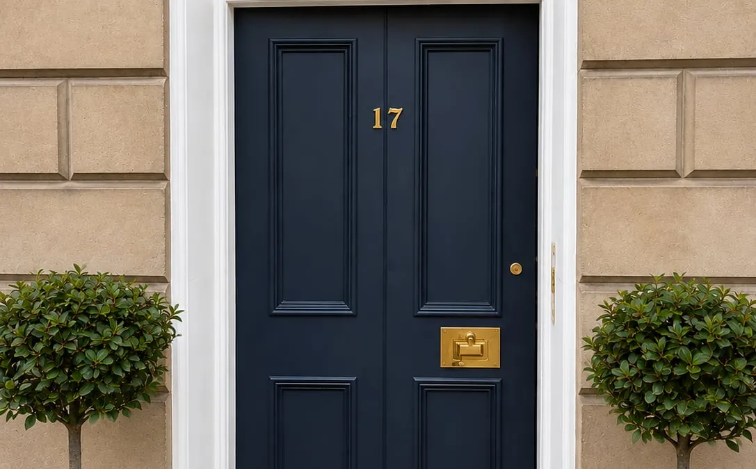 Freshly painted navy front door on a Georgian townhouse, Great King Street, New Town, Edinburgh