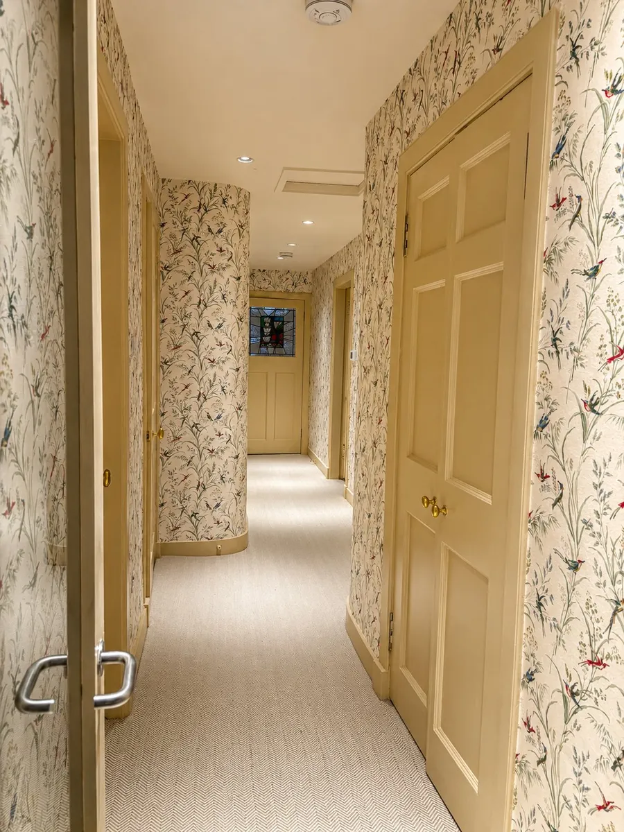 Hallway with feature bird and botanical wallpaper, Stockbridge, Edinburgh