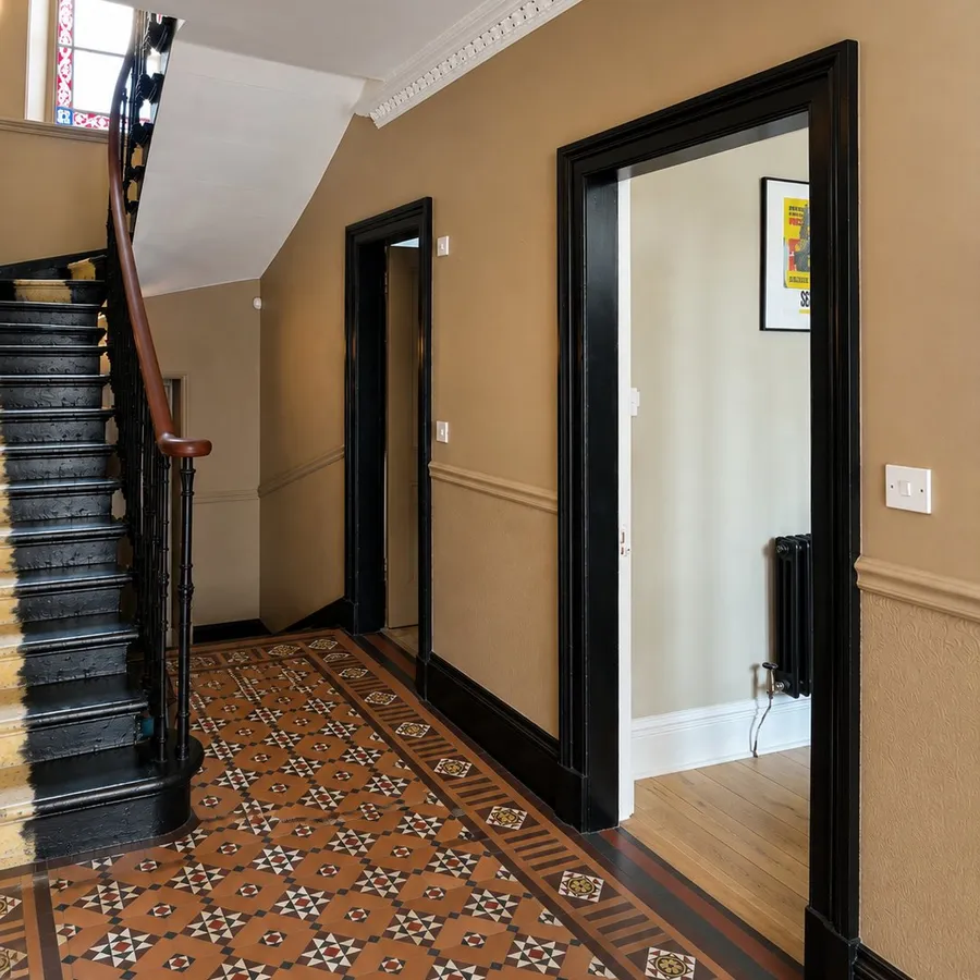 Repainted hallway with patterned Victorian tile floor, Shandon, Edinburgh