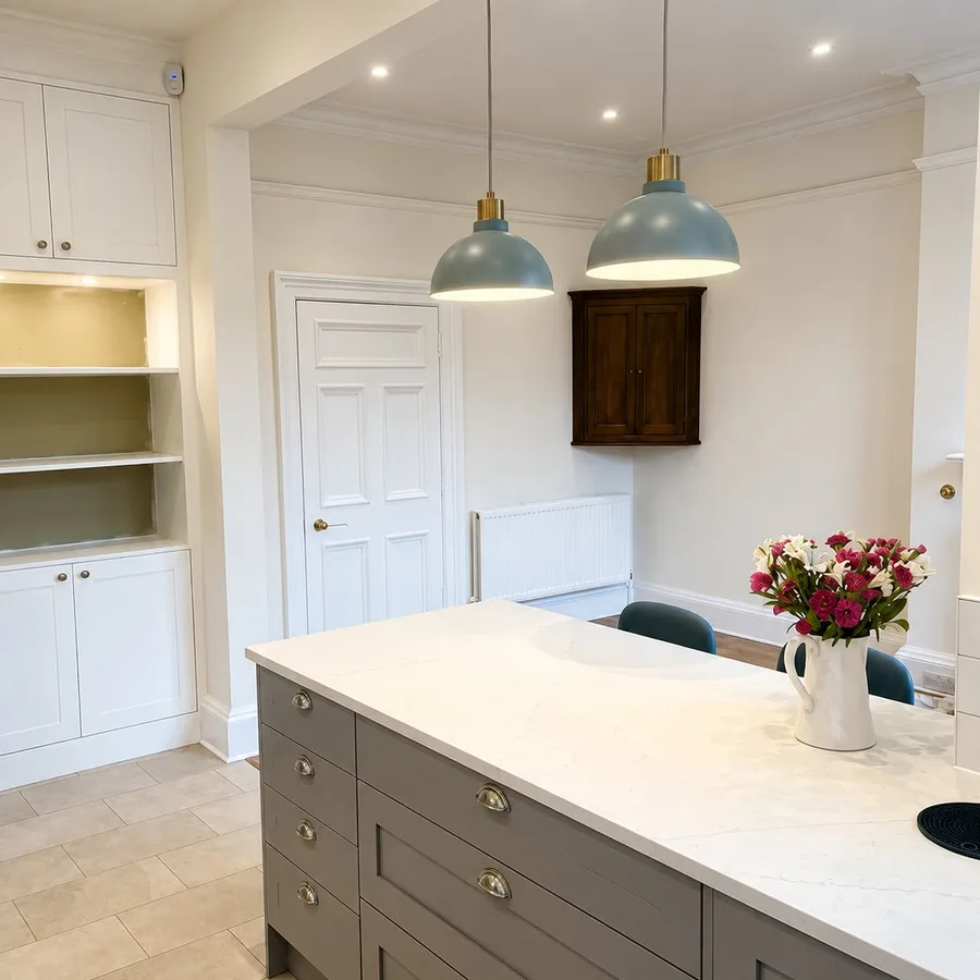 Kitchen repaint with grey island and built-in shelving, Edinburgh