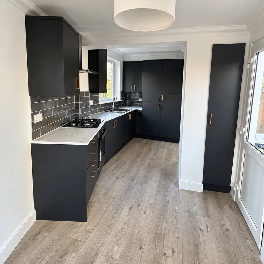 Repainted kitchen with navy cabinetry and copper handles, Colinton, Edinburgh