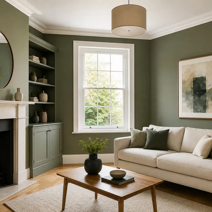 Sage green living room repaint with fireplace, Edinburgh