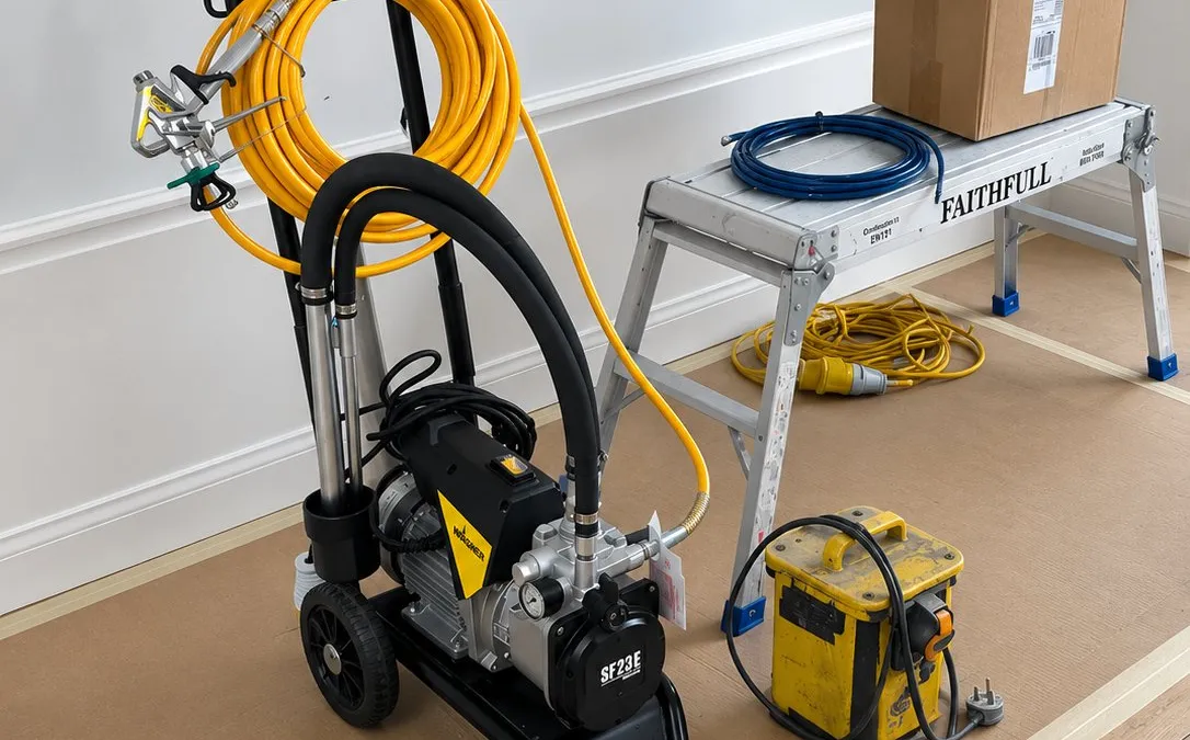 Paint spraying equipment set up ahead of a job, Edinburgh
