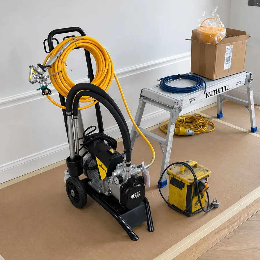 Paint spraying equipment set up ahead of a job, Edinburgh